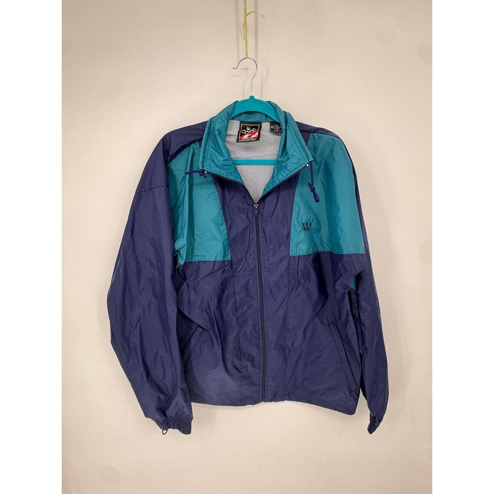 USA Olympic Brand Windbreaker Jacket Mens M Navy Teal Good Vintage 90s Zip Up